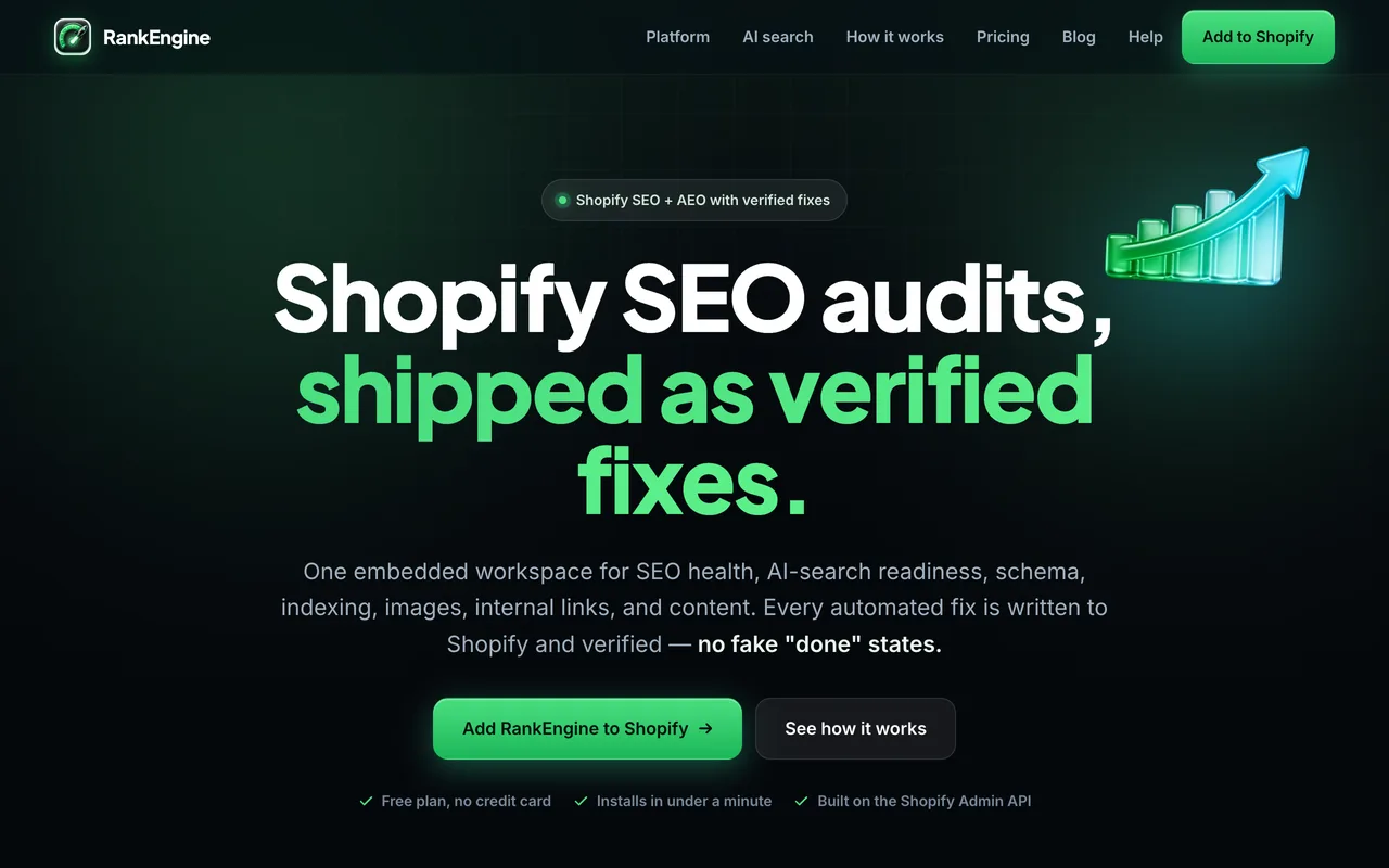 Screenshot of RankEngine — Shopify SEO + AEO with verified fixes