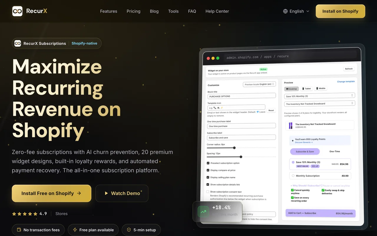 Screenshot of RecurX — Subscriptions on Shopify, zero transaction fees